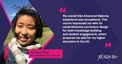 Quote from graduate saying they had an exceptional experience and that they were impressed by the curriculum design for its knowledge-building and student engagement, preparing them for higher education in the UK.